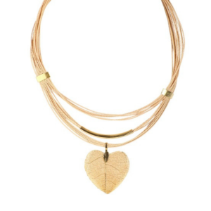 CF160 - MIX SKELETONIZED HEART LEAF SHORT NECKLACE BURITI ORGANIC STRAW AND GOLD PLATING  (T)
