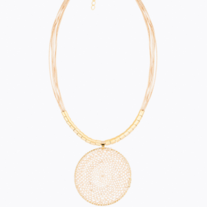 C1033 - SHORT NECKLACE OF BURITI STRAW PENDANT CIRCLE CROCHET GOLD PLATING (T)