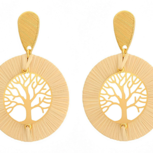 BQ244 - TREE OF LIFE EARRINGS IN BURITI ORGANIC STRAW AND GOLD PLATING (B)