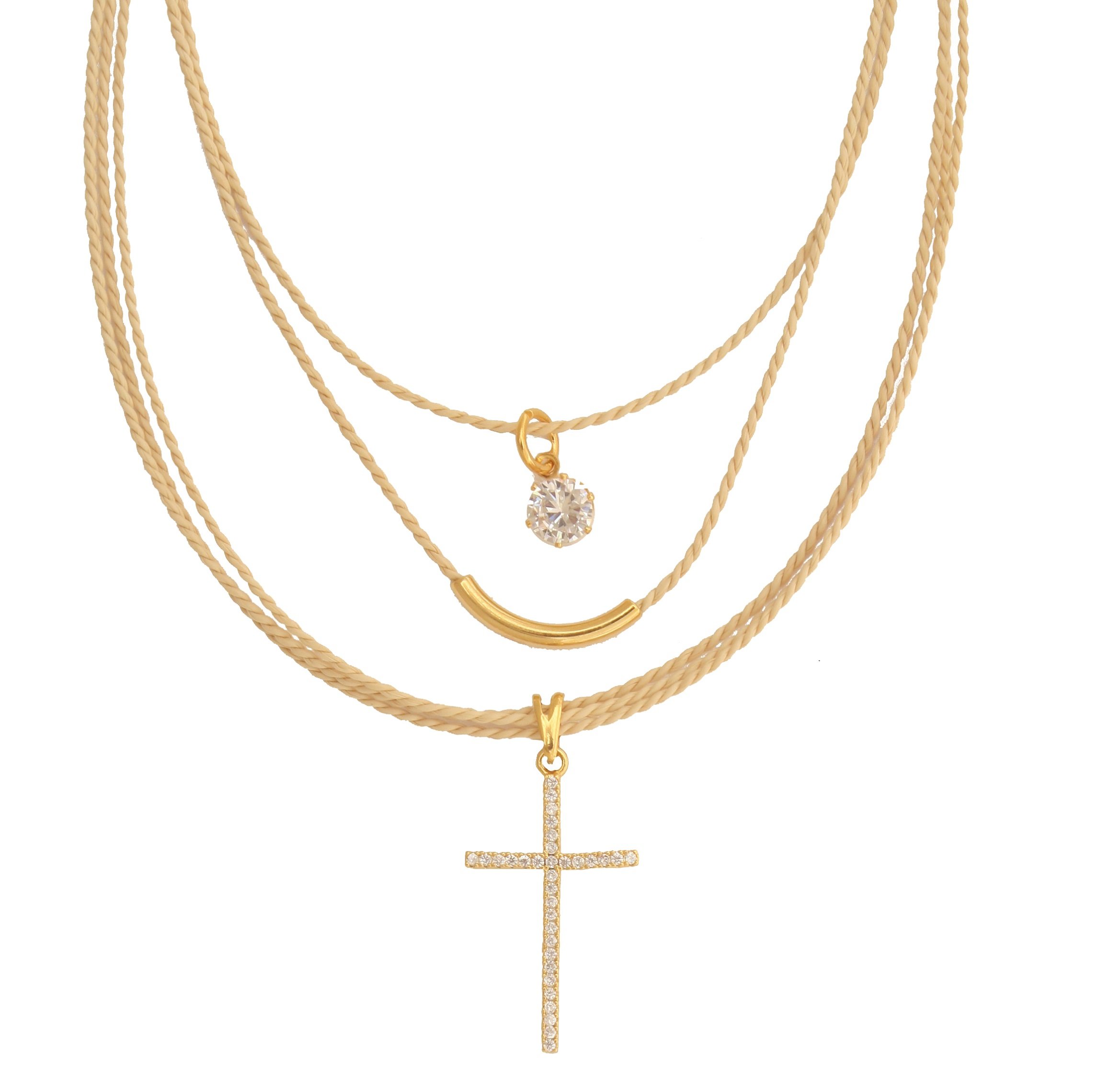 C219.48 - ZIRCONIA CROSS NECKLACE IN BURITI STRAW AND GOLD PLATING (B)
