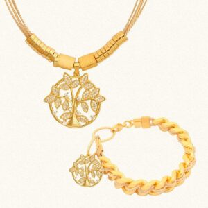 CJ0059 - SET TREE OF LIFE ZIRCONIA - BURITI ORGANIC STRAW AND GOLD PLATING (B)