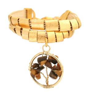 PL34 -  QUARTZ- BRACELET TREE OF LIFE IN NATURAL STONES AND BURITI STRAW AND GOLD PLATING  (B)