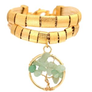 PL34 - GREEN QUARTZ- BRACELET TREE OF LIFE IN NATURAL STONES AND BURITI STRAW AND GOLD PLATING  (B)