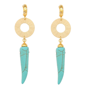 BQ246 - TURQUOISE SABER TOOTH EARRINGS IN BURITI ORGANIC STRAW AND GOLD PLATING (B)